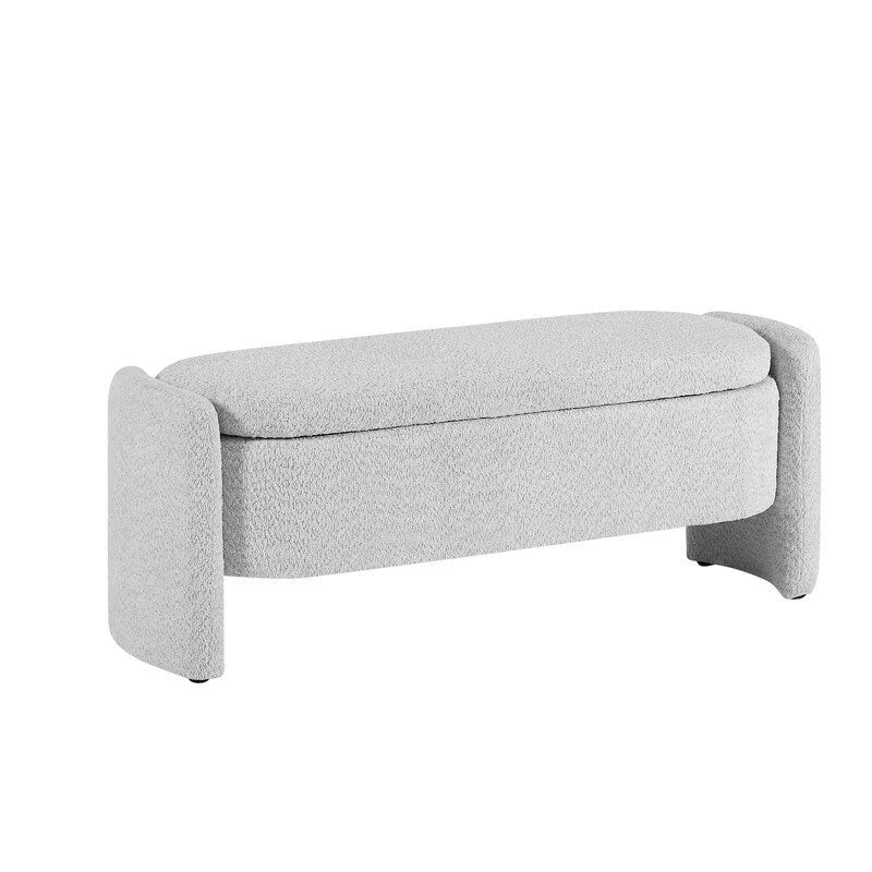 Banc de rangement ovale rembourré gris en polaire d'agneau, siège en mousse, cadre en eucalyptus