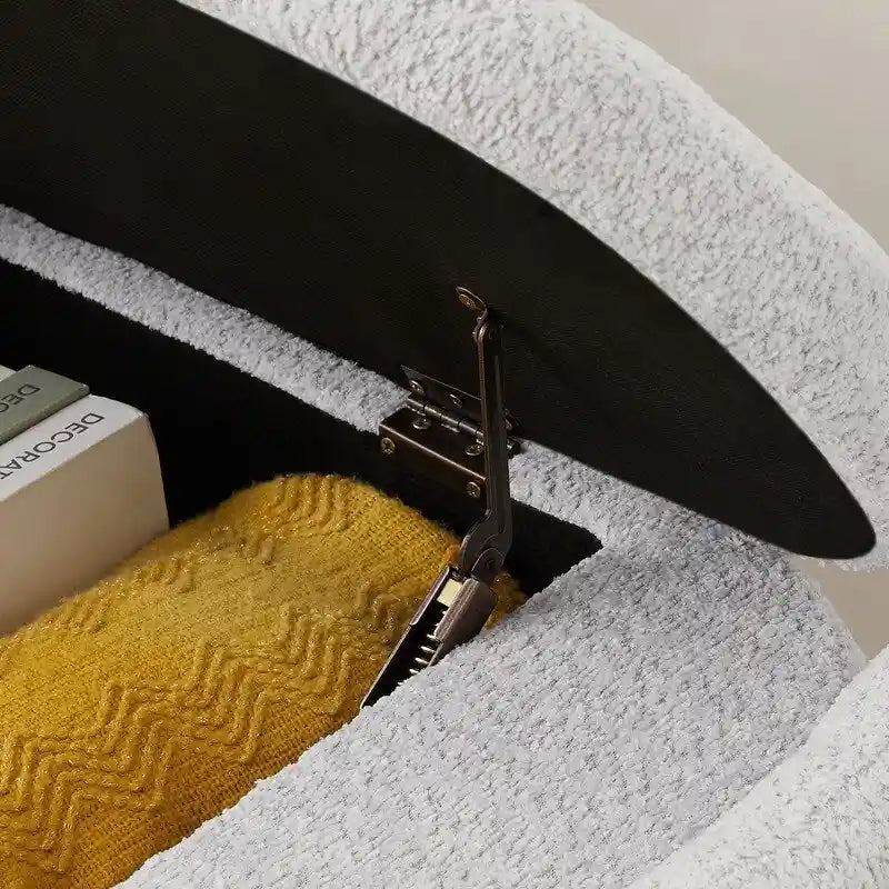 Banc de rangement ovale rembourré gris en polaire d'agneau, siège en mousse, cadre en eucalyptus