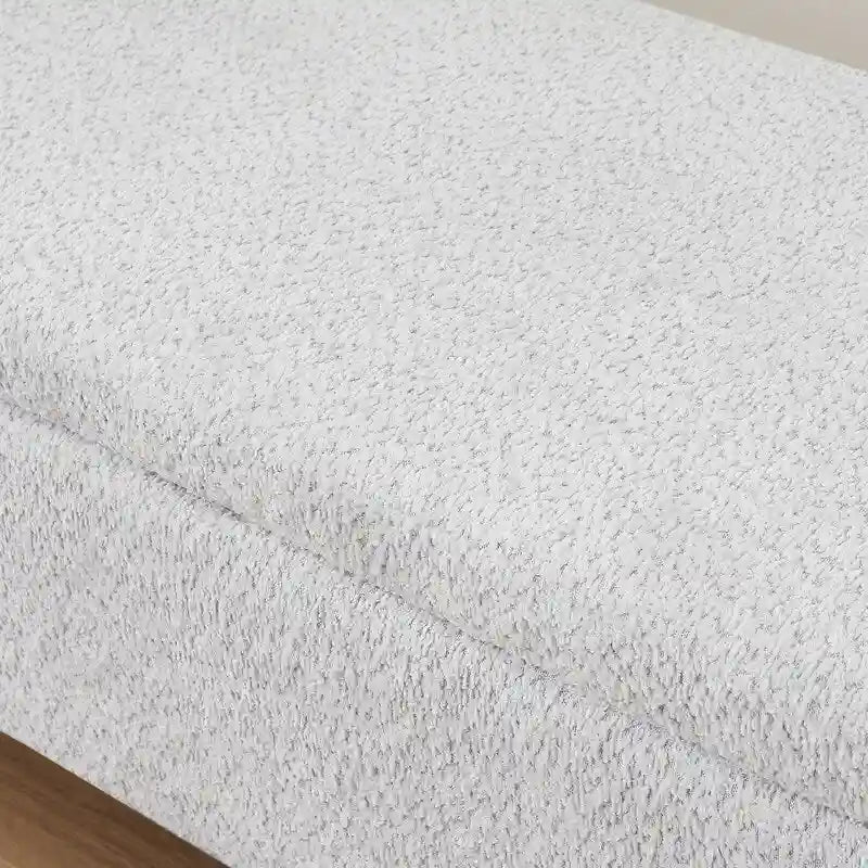 Banc de rangement ovale rembourré gris en polaire d'agneau, siège en mousse, cadre en eucalyptus