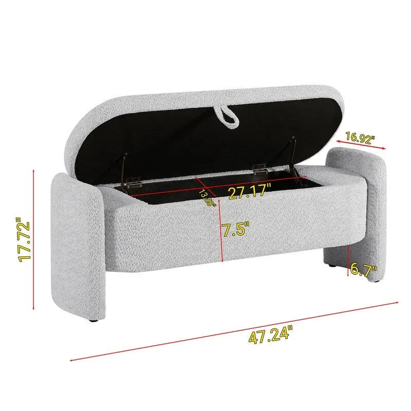 Banc de rangement ovale rembourré gris en polaire d'agneau, siège en mousse, cadre en eucalyptus