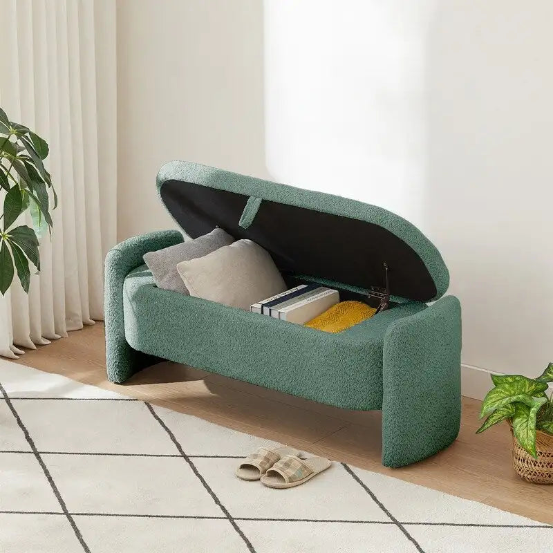 Banc de rangement ovale rembourré gris en polaire d'agneau, siège en mousse, cadre en eucalyptus