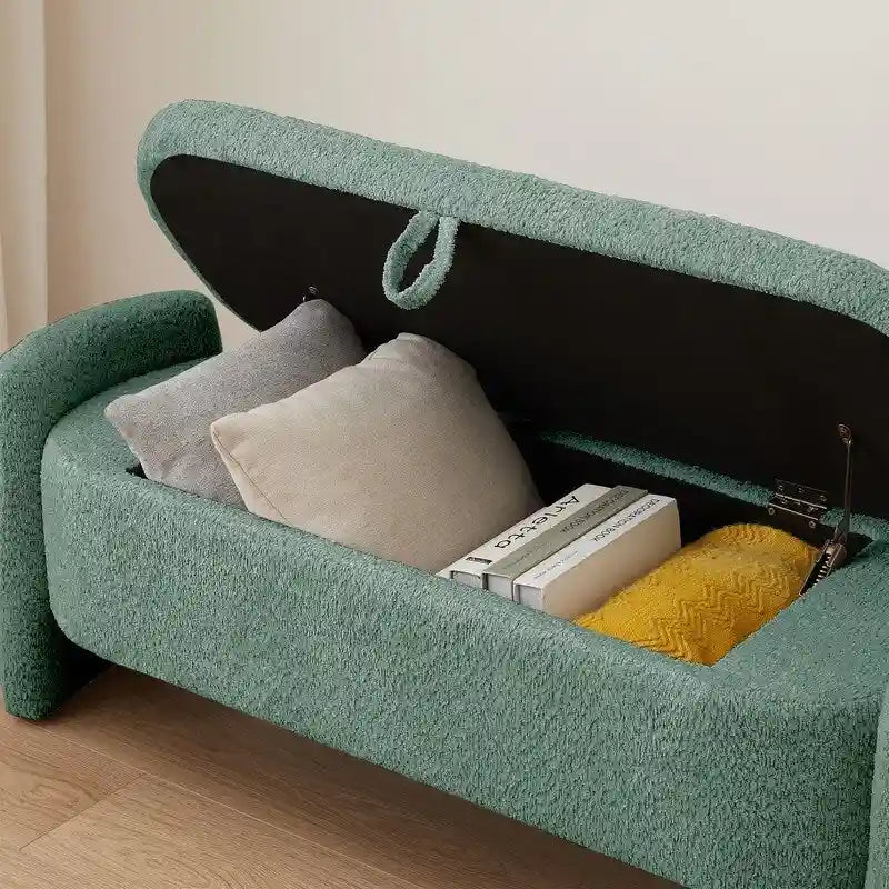 Banc de rangement ovale rembourré gris en polaire d'agneau, siège en mousse, cadre en eucalyptus