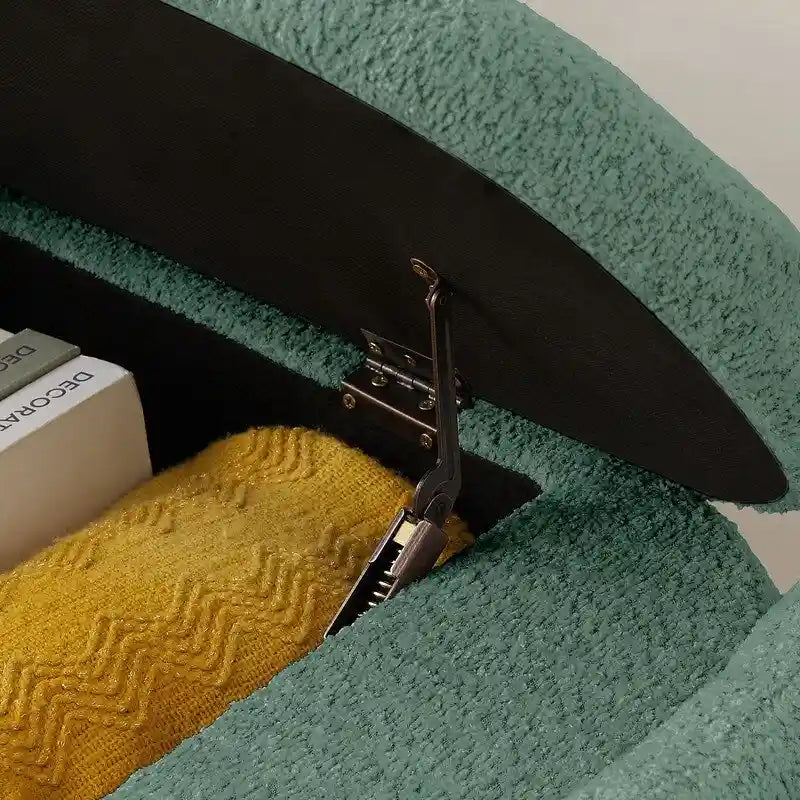 Banc de rangement ovale rembourré gris en polaire d'agneau, siège en mousse, cadre en eucalyptus