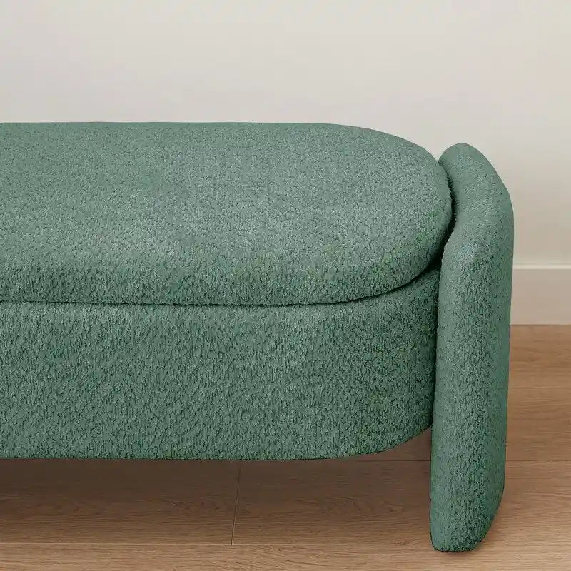Banc de rangement ovale rembourré gris en polaire d'agneau, siège en mousse, cadre en eucalyptus