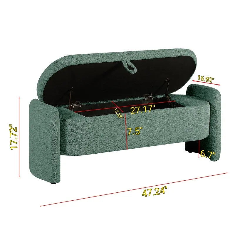 Banc de rangement ovale rembourré gris en polaire d'agneau, siège en mousse, cadre en eucalyptus