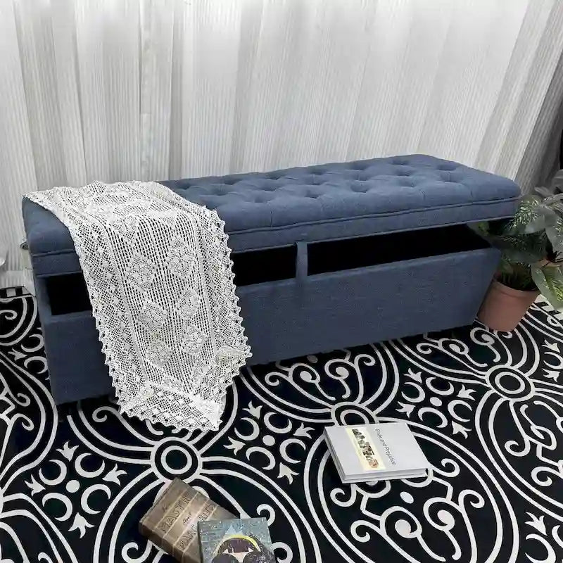 Banc de rangement ottoman bleu extra long avec couvercle rabattable, revêtement en lin capitonné, assise en mousse, doubles charnières