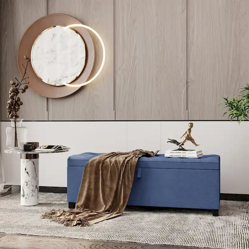 Banc de rangement ottoman bleu extra long avec couvercle rabattable, revêtement en lin capitonné, assise en mousse, doubles charnières