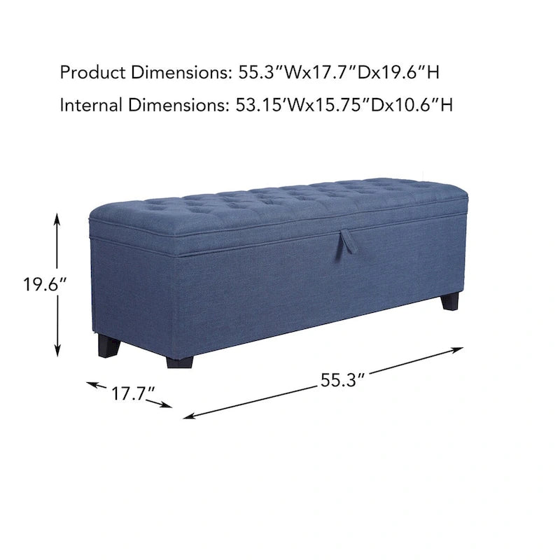 Banc de rangement ottoman bleu extra long avec couvercle rabattable, revêtement en lin capitonné, assise en mousse, doubles charnières