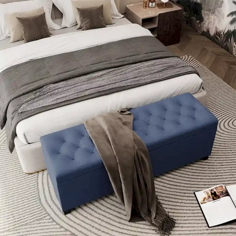 Banc de rangement ottoman bleu extra long avec couvercle rabattable, revêtement en lin capitonné, assise en mousse, doubles charnières