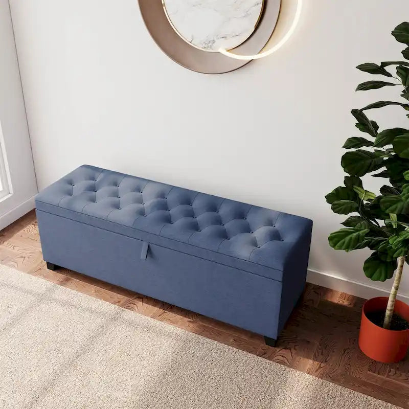 Banc de rangement ottoman bleu extra long avec couvercle rabattable, revêtement en lin capitonné, assise en mousse, doubles charnières