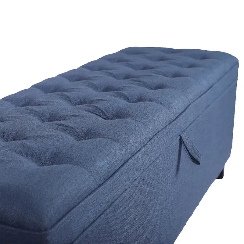 Banc de rangement ottoman bleu extra long avec couvercle rabattable, revêtement en lin capitonné, assise en mousse, doubles charnières