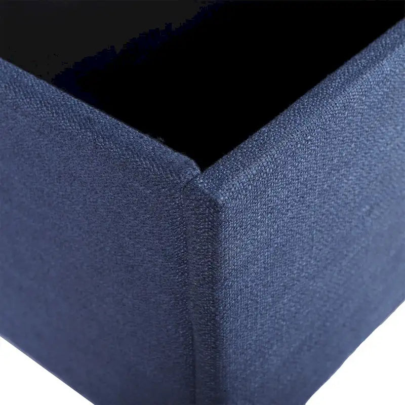 Banc de rangement ottoman bleu extra long avec couvercle rabattable, revêtement en lin capitonné, assise en mousse, doubles charnières