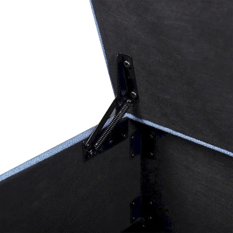 Banc de rangement ottoman bleu extra long avec couvercle rabattable, revêtement en lin capitonné, assise en mousse, doubles charnières