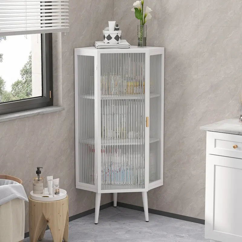 Meuble d'angle bas blanc, portes en verre trempé, trois étagères de rangement