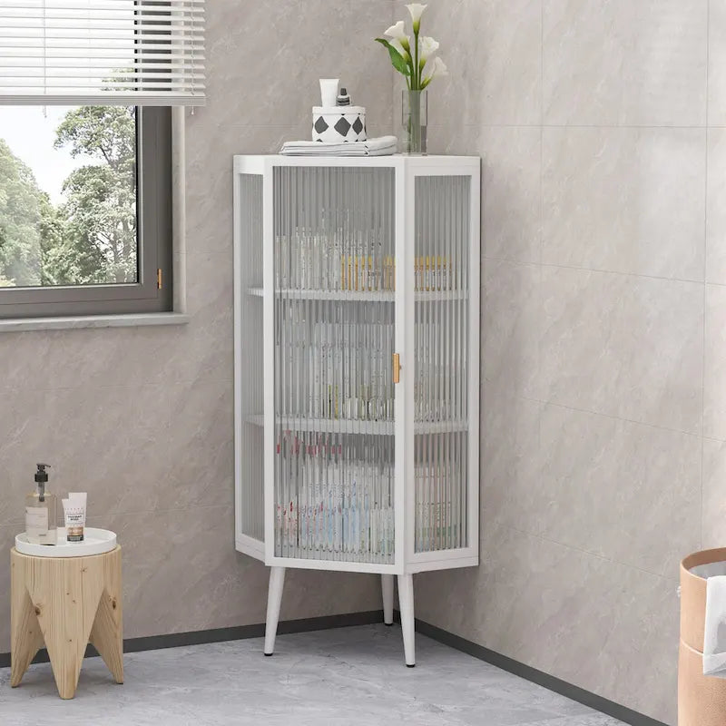 Meuble d'angle bas blanc, portes en verre trempé, trois étagères de rangement