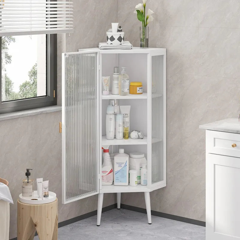 Meuble d'angle bas blanc, portes en verre trempé, trois étagères de rangement