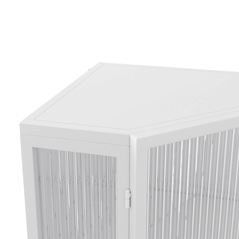 Meuble d'angle bas blanc, portes en verre trempé, trois étagères de rangement