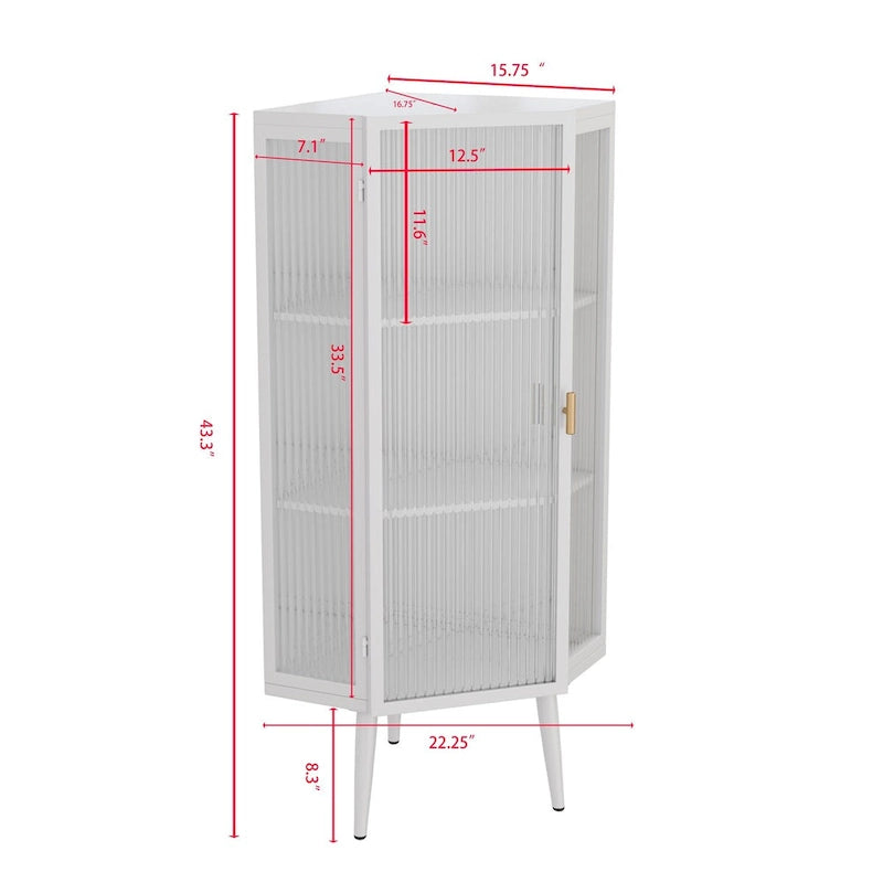 Meuble d'angle bas blanc, portes en verre trempé, trois étagères de rangement
