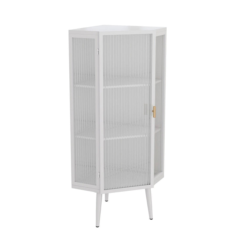Meuble d'angle bas blanc, portes en verre trempé, trois étagères de rangement