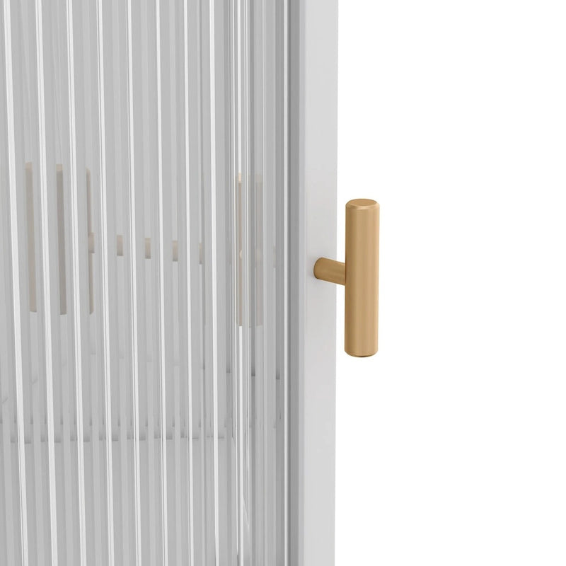 Meuble d'angle bas blanc, portes en verre trempé, trois étagères de rangement