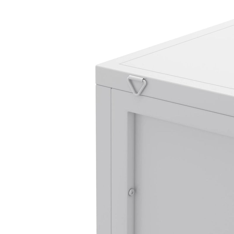 Meuble d'angle bas blanc, portes en verre trempé, trois étagères de rangement