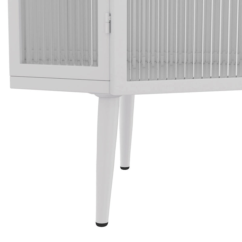 Meuble d'angle bas blanc, portes en verre trempé, trois étagères de rangement