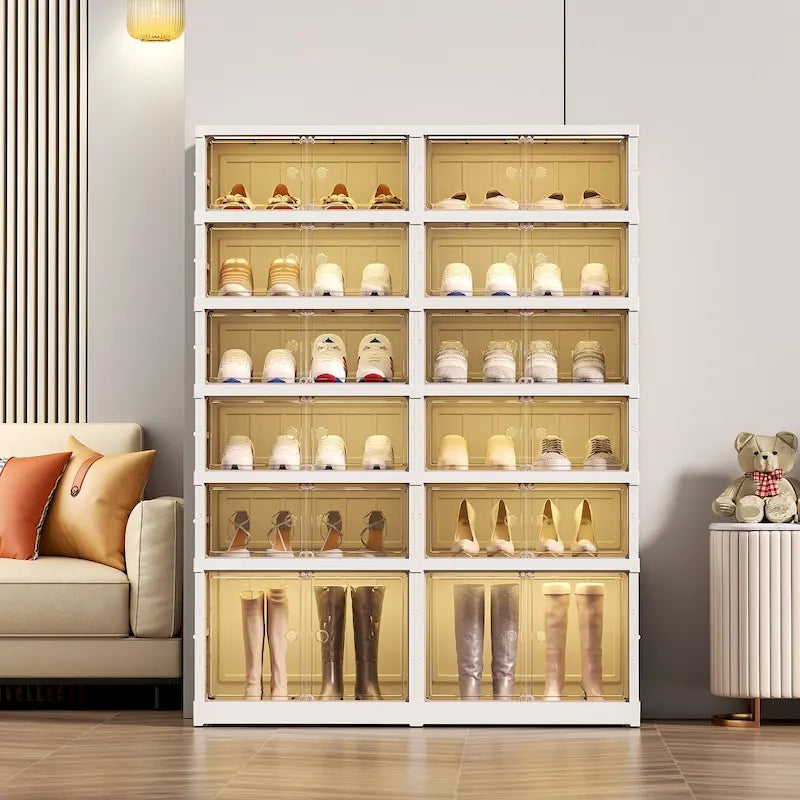 Meuble à chaussures blanc pliable 24 paires six niveaux portes magnétiques dépolies aucun outil requis