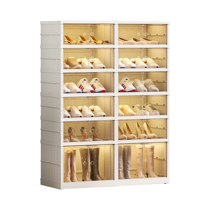 Meuble à chaussures blanc pliable 24 paires six niveaux portes magnétiques dépolies aucun outil requis