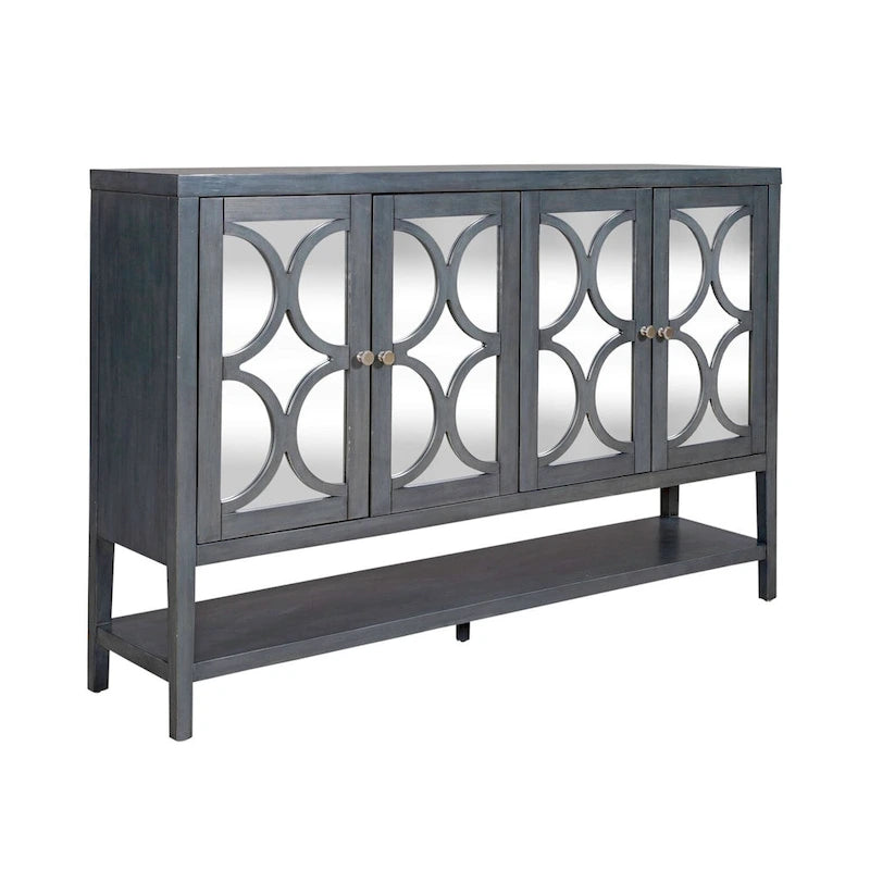 Meuble d'appoint quatre portes bleu nuit avec miroir, superposition de cercles, poignées en nickel brossé, étagère inférieure ouverte, pieds fuselés