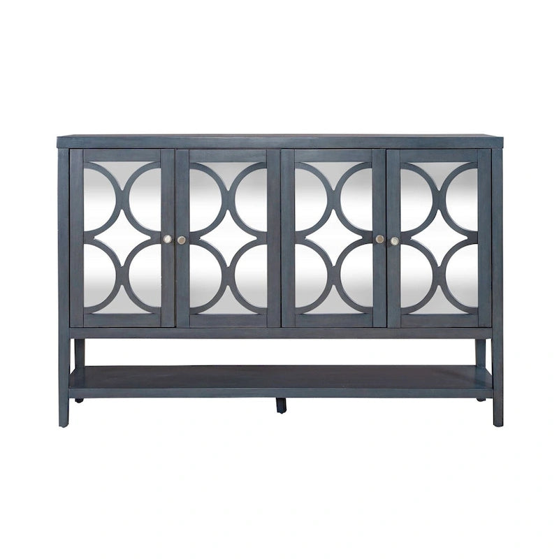 Meuble d'appoint quatre portes bleu nuit avec miroir, superposition de cercles, poignées en nickel brossé, étagère inférieure ouverte, pieds fuselés