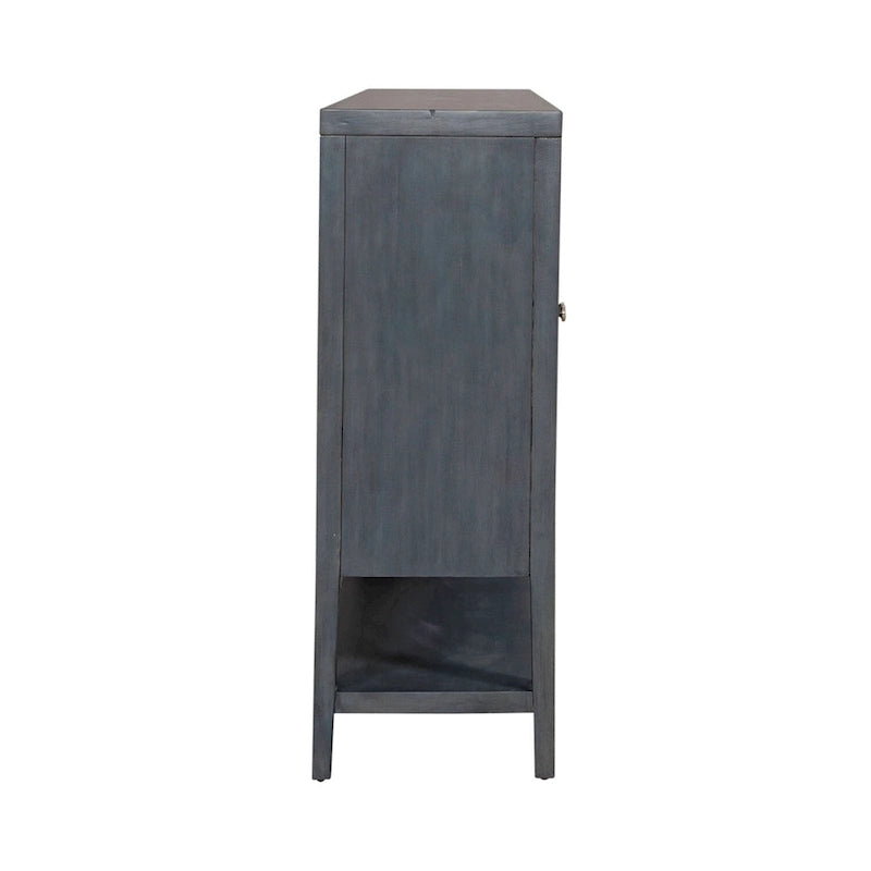 Meuble d'appoint quatre portes bleu nuit avec miroir, superposition de cercles, poignées en nickel brossé, étagère inférieure ouverte, pieds fuselés