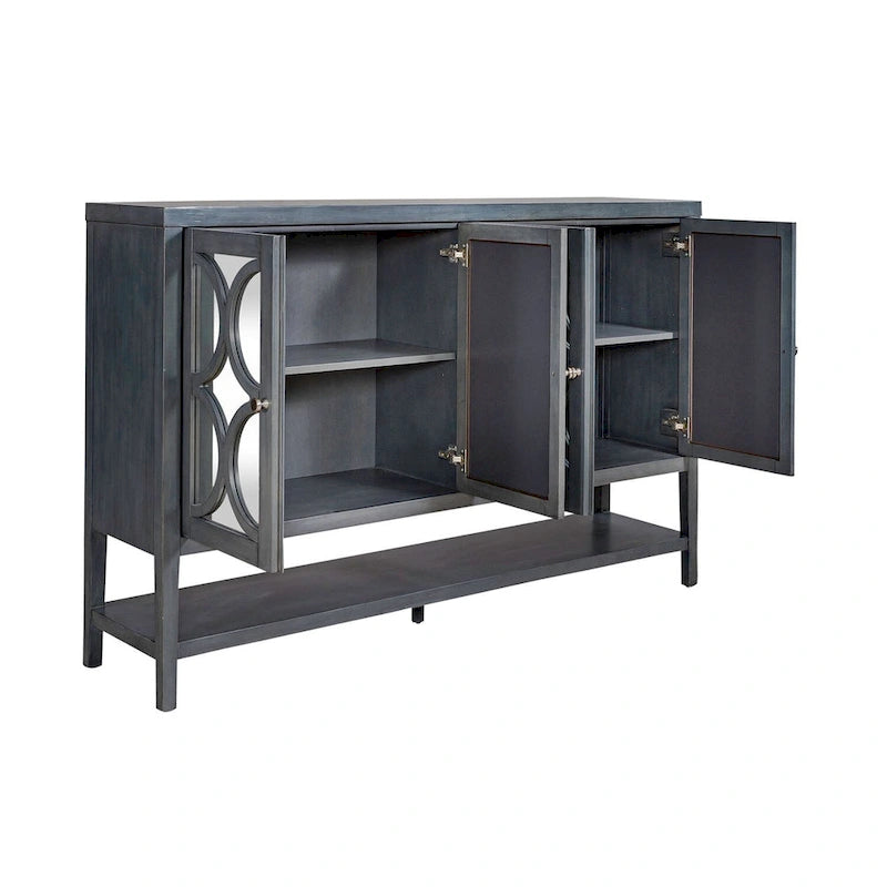 Meuble d'appoint quatre portes bleu nuit avec miroir, superposition de cercles, poignées en nickel brossé, étagère inférieure ouverte, pieds fuselés