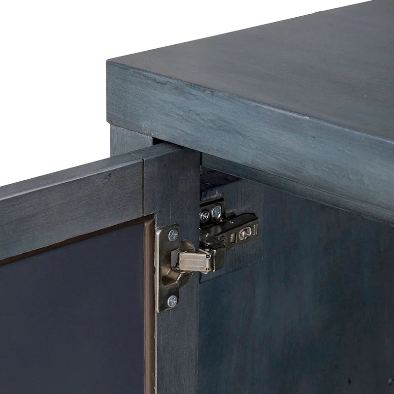 Meuble d'appoint quatre portes bleu nuit avec miroir, superposition de cercles, poignées en nickel brossé, étagère inférieure ouverte, pieds fuselés