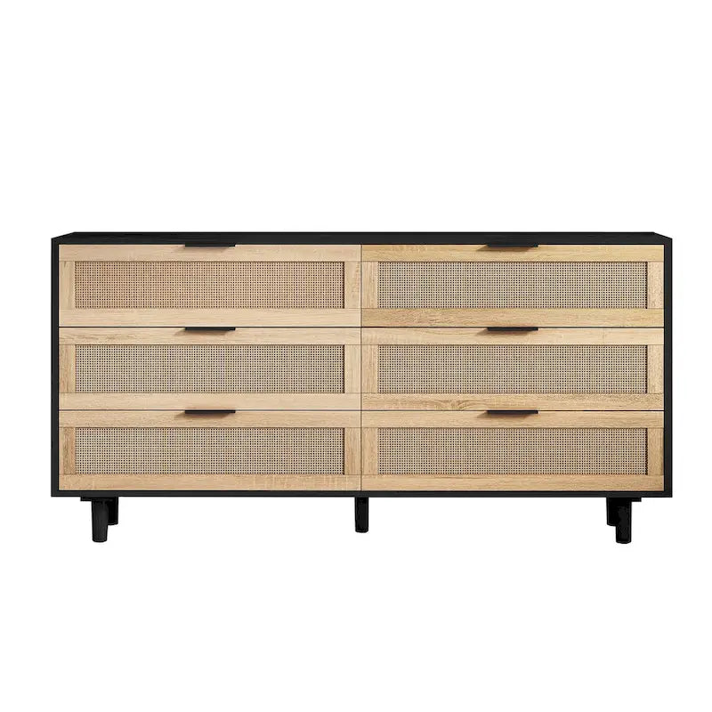 Commode 6 tiroirs en rotin naturel, MDF, panneaux de particules, pieds coniques, rangement de chambre