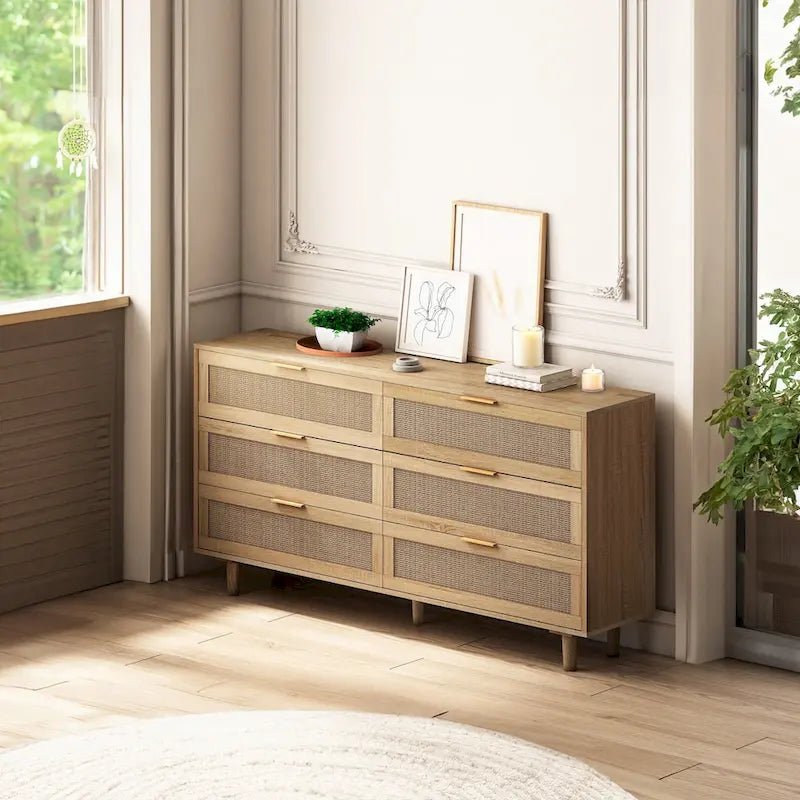 Commode 6 tiroirs en rotin naturel, MDF, panneaux de particules, pieds coniques, rangement de chambre