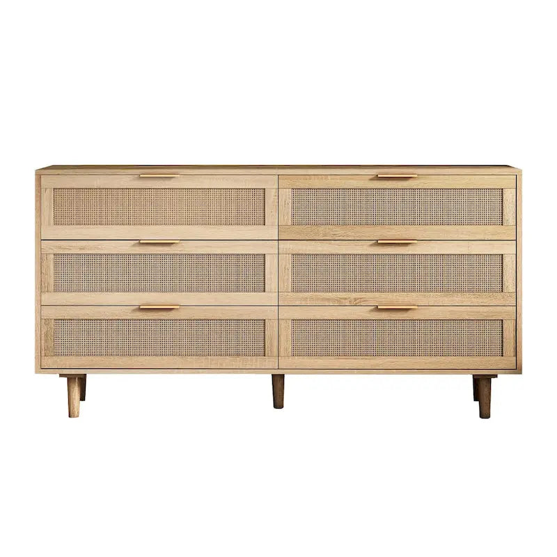 Commode 6 tiroirs en rotin naturel, MDF, panneaux de particules, pieds coniques, rangement de chambre