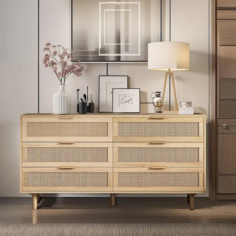 Commode 6 tiroirs en rotin naturel, MDF, panneaux de particules, pieds coniques, rangement de chambre