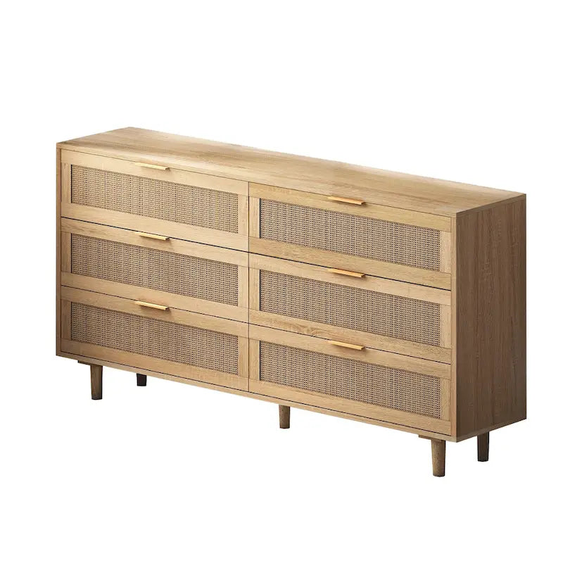 Commode 6 tiroirs en rotin naturel, MDF, panneaux de particules, pieds coniques, rangement de chambre