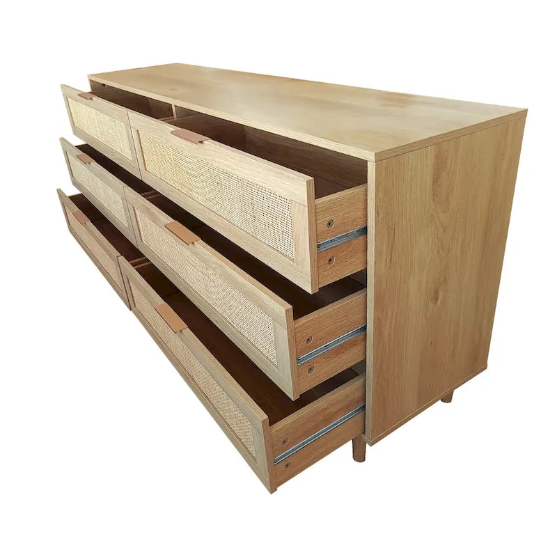 Commode 6 tiroirs en rotin naturel, MDF, panneaux de particules, pieds coniques, rangement de chambre