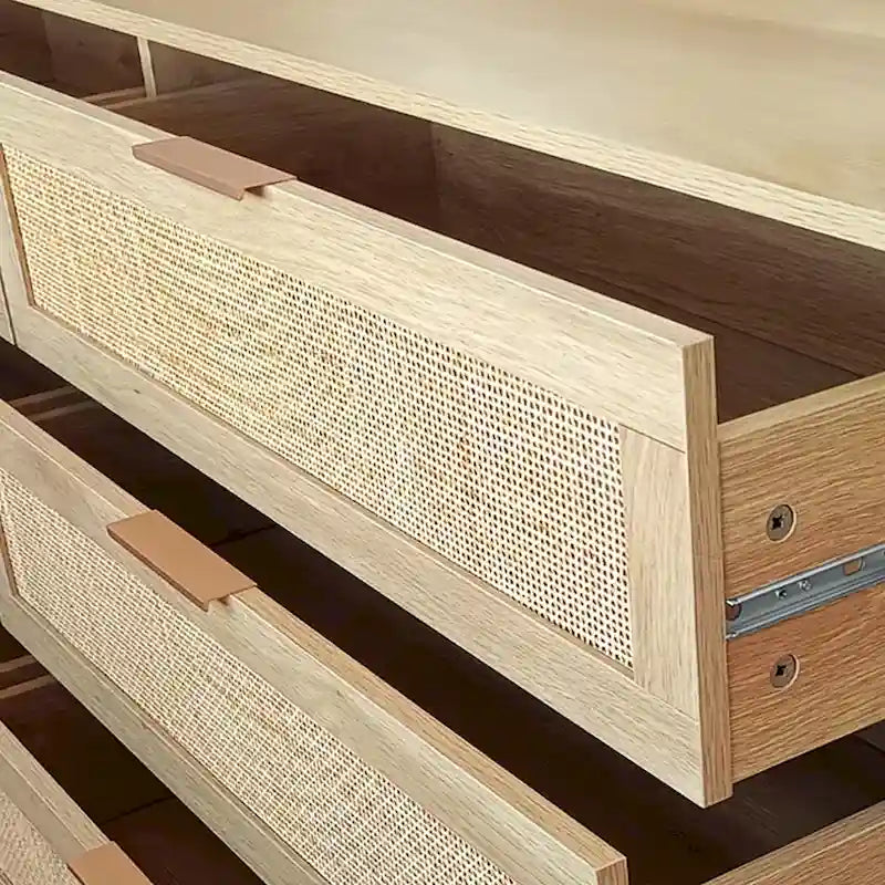 Commode 6 tiroirs en rotin naturel, MDF, panneaux de particules, pieds coniques, rangement de chambre