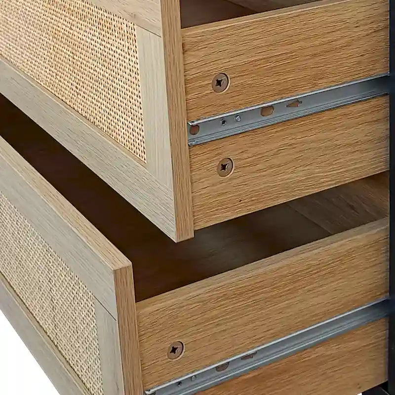 Commode 6 tiroirs en rotin naturel, MDF, panneaux de particules, pieds coniques, rangement de chambre