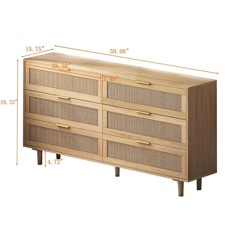 Commode 6 tiroirs en rotin naturel, MDF, panneaux de particules, pieds coniques, rangement de chambre