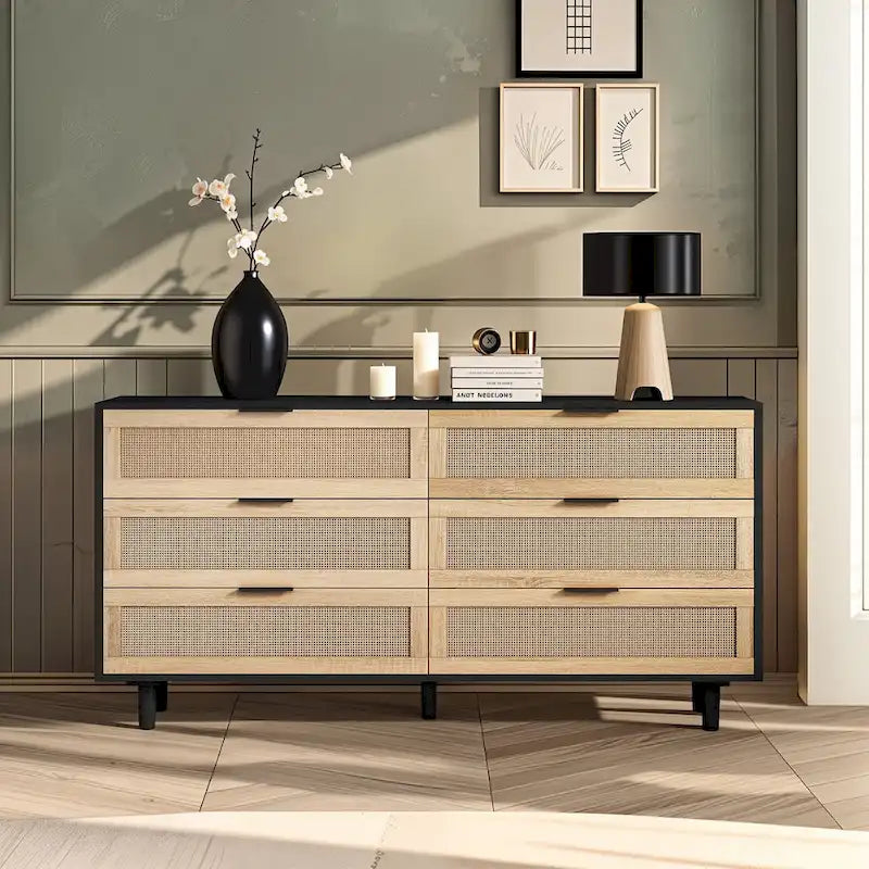 Commode 6 tiroirs en rotin naturel, MDF, panneaux de particules, pieds coniques, rangement de chambre