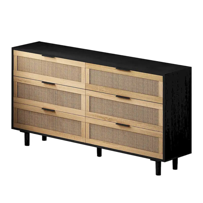 Commode 6 tiroirs en rotin naturel, MDF, panneaux de particules, pieds coniques, rangement de chambre