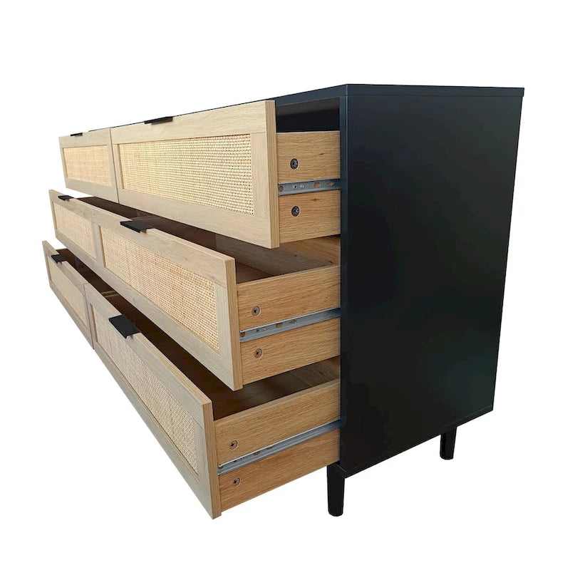 Commode 6 tiroirs en rotin naturel, MDF, panneaux de particules, pieds coniques, rangement de chambre