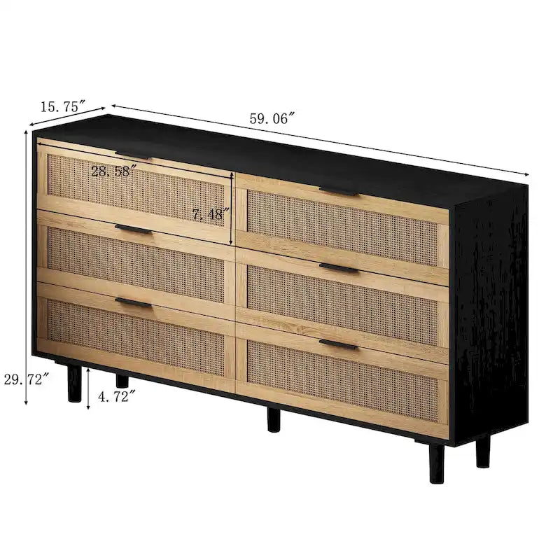 Commode 6 tiroirs en rotin naturel, MDF, panneaux de particules, pieds coniques, rangement de chambre