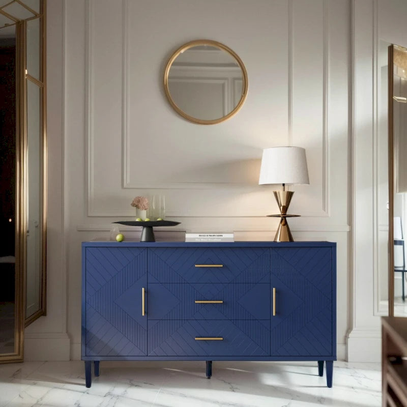 Bahut deux portes trois tiroirs bleu marine avec placage bois MDF sculpté, poignées dorées et plateau incurvé