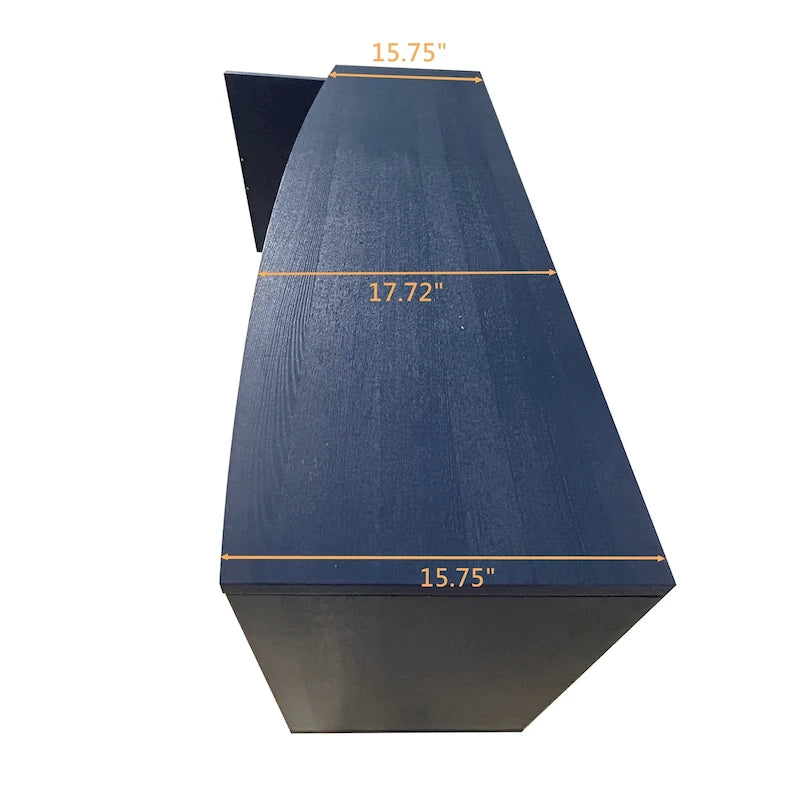 Bahut deux portes trois tiroirs bleu marine avec placage bois MDF sculpté, poignées dorées et plateau incurvé