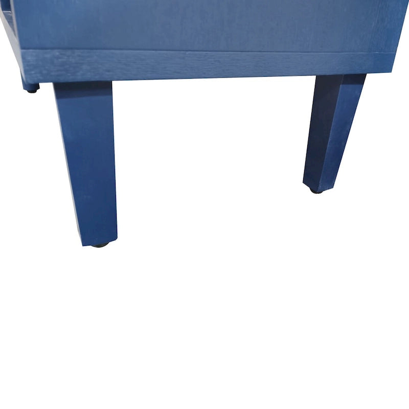 Bahut deux portes trois tiroirs bleu marine avec placage bois MDF sculpté, poignées dorées et plateau incurvé