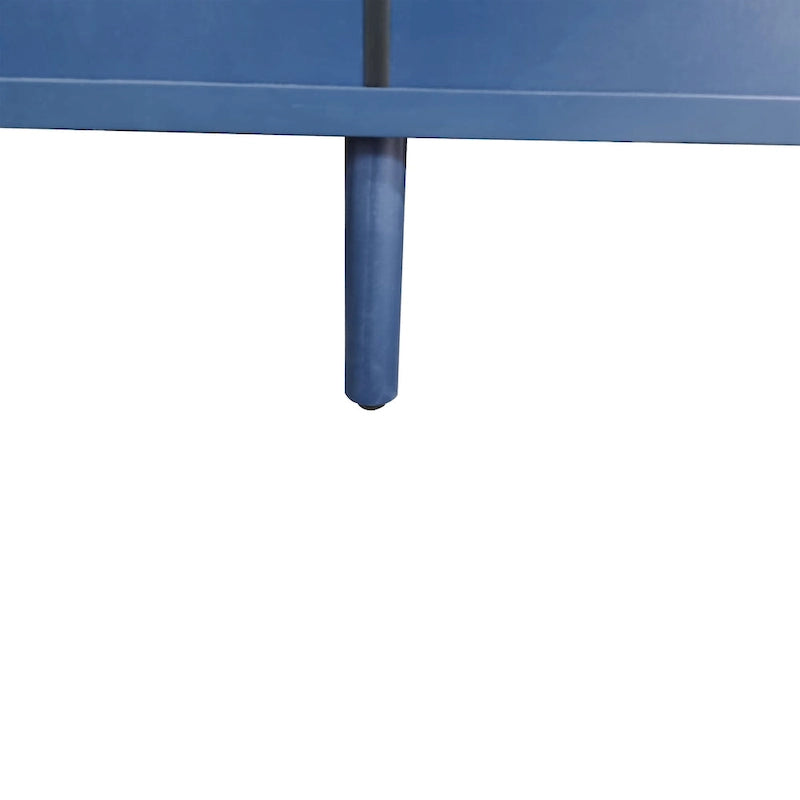 Bahut deux portes trois tiroirs bleu marine avec placage bois MDF sculpté, poignées dorées et plateau incurvé